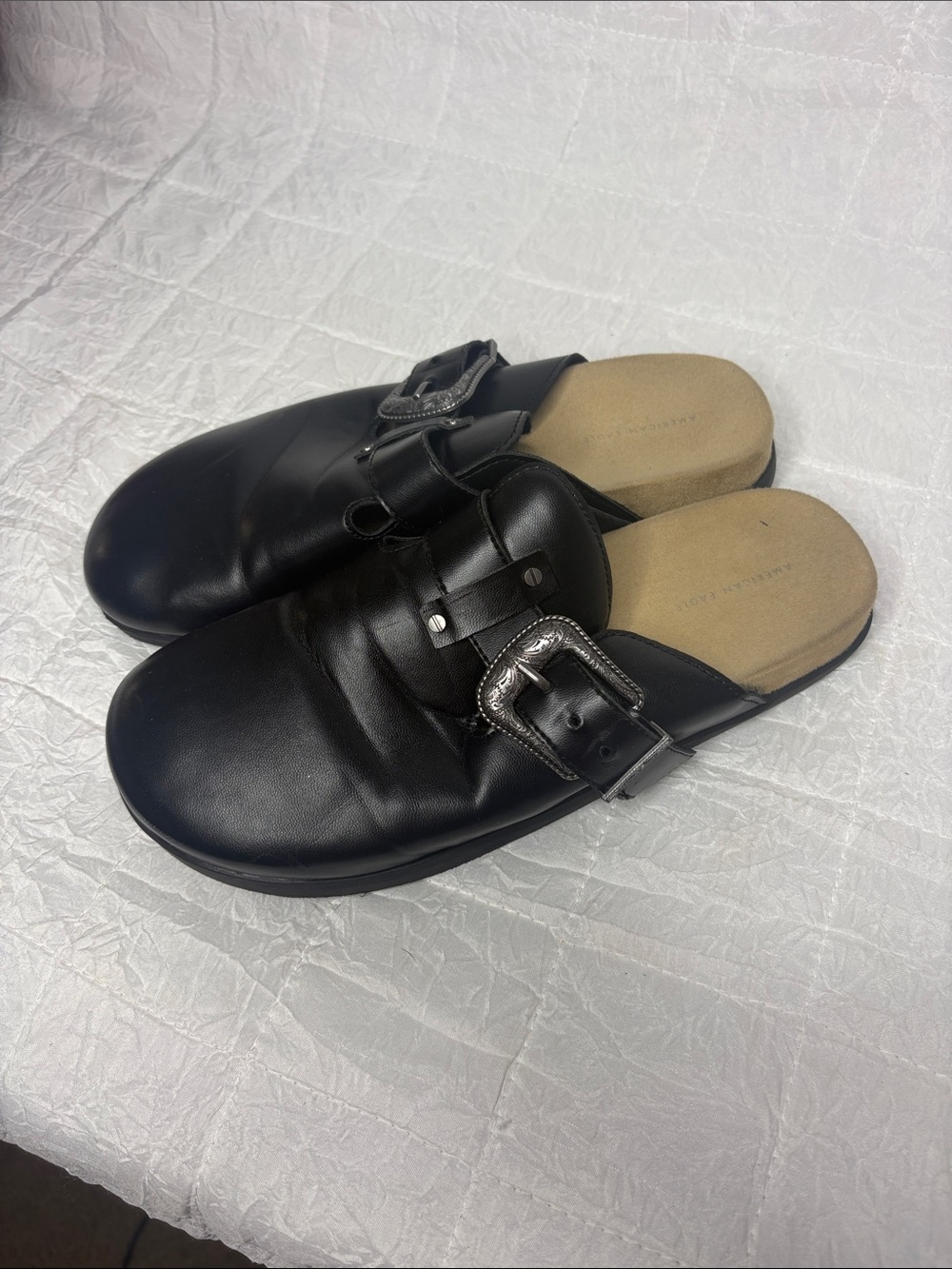 American Eagle Black Faux Leather Buckle Mule Clogs Slip On Shoes